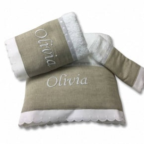 Juego De Toallas Lino Natural Con Tira Bordada