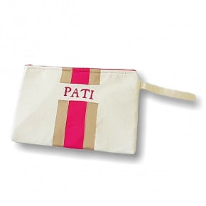 Cartera Loneta Beige Fucsia Y Dorado