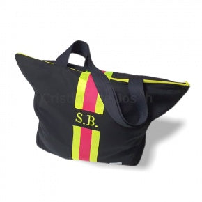 Bolsa Playa Lino Negro Con Amarillo Flúor Y Fucsia