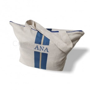 Bolsa Playa Lino Natural Cobalto Y Oro