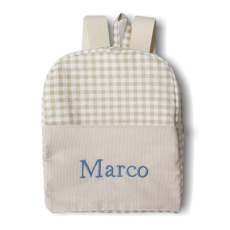 Mochila Con Bolsillo Vichy y Raya Beige
