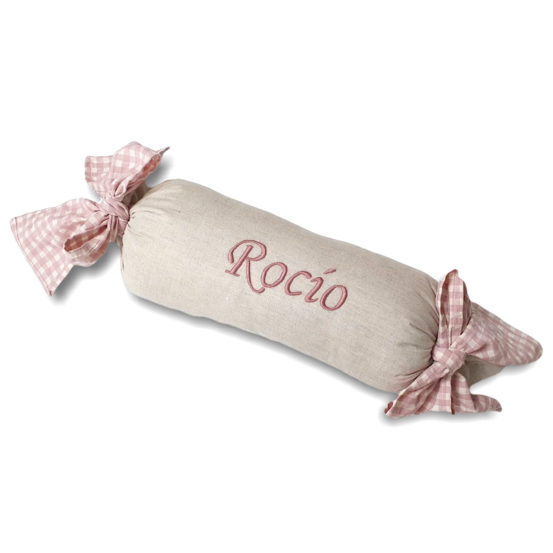 Cojin Rulo Natural con Vichy Rosa