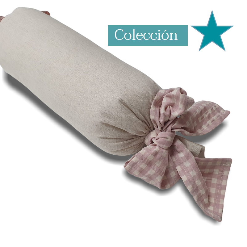 Cojin Rulo Natural con Vichy Rosa
