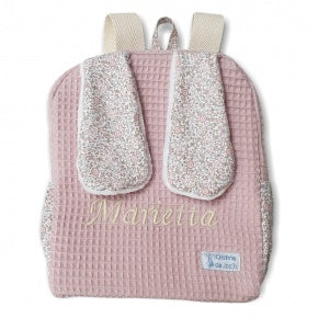 Mochila Con Orejas De Conejo Wafle Rosa Con Flor