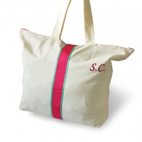 Bolsa Playa Beige Con Verde Y Fucsia