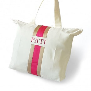 Bolsa Playa Beige Con Dorado Y Fucsia