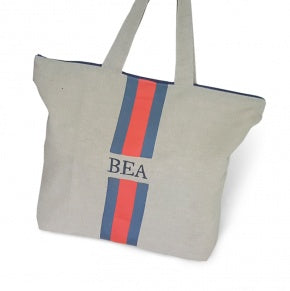 Bolsa Playa Lino Natural Con Azul Cobalto Y Coral
